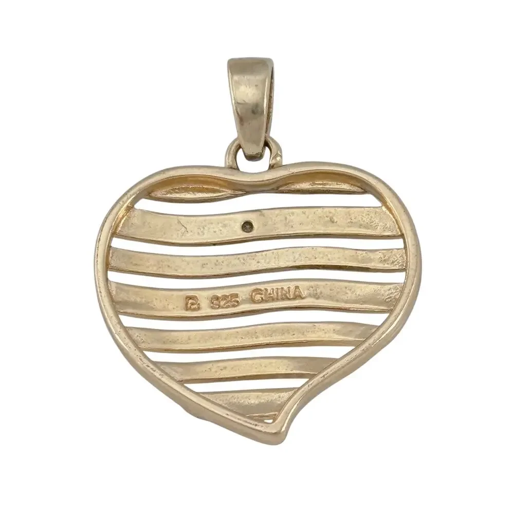Vintage Gold-Tone Sterling Silver 925 Diamond Heart Pendant